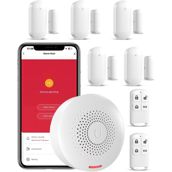 Sistem de Alarma Wireless (Tuya/Smart Life), WiFi, 120 dB, Set 8 Piese: Hub Sirena, 5 Senzori Geam/Usa si 2 Telecomenzi, Fara Taxe Lunare, Control Aplicatie, Alerta SOS, Gri/Alb