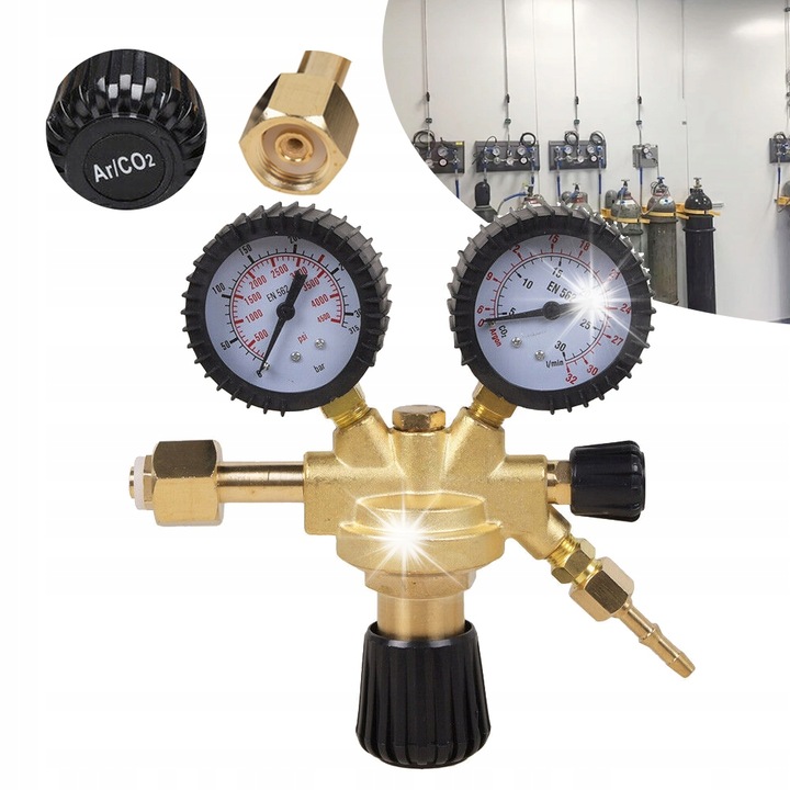 Reductor CO2 argon, cu 2 manometre, auriu/negru