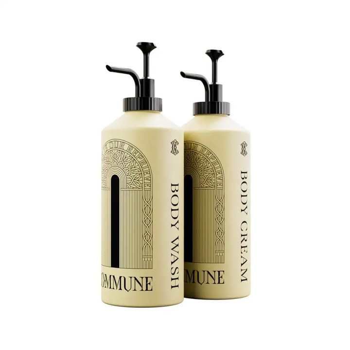 Set premium gel de dus si crema corp COMMUNE, Seymour, note grapefruit si lemn, curata delicat, nu usuca pielea, hraneste intens, contine uleiuri naturale, cu unt de shea, recipiente din aluminiu reutilizabile, fara parabeni si siliconi, 2x750 ml