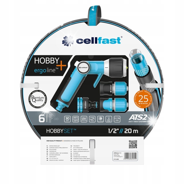 Cellfast ATS2 kerti tömlő szett 1/2 inch 20m, multifunkcionális szórófej, Ergo kiegészítők
