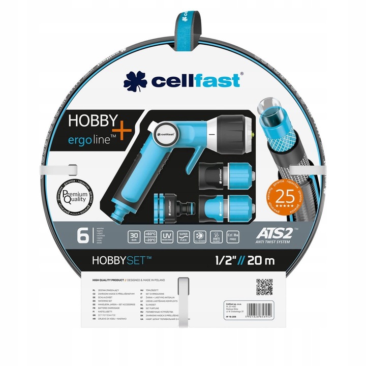 Cellfast Hobby öntözőkészlet 1/2", 20m tömlő, multifunkciós szórópisztoly, ergonomikus kiegészítők