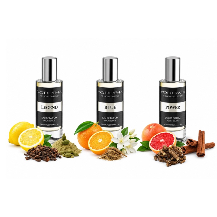 Set 3 Apa de Parfum Yodeyma pentru barbati, Power, Blue si Legend, caracter comun condimentat-lemnos, energue, energie, eleganta si masculinitate in 3 stiluri, 3x15ml, fara cutie