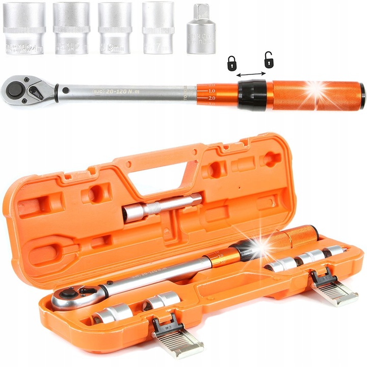 Cheie dinamometrica BJC 1/2", 20-120Nm, set 4 capete 17-24mm, prelungitor, 470mm