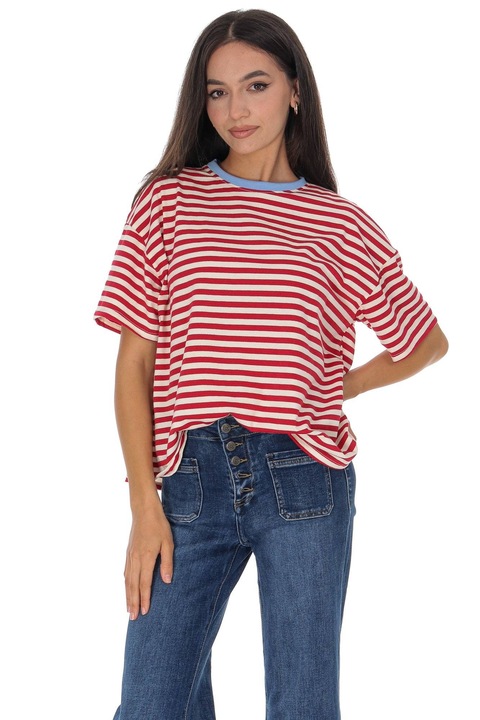 Tricou casual din bumbac in dungi rosu si alb Roh BR2960, Onesize
