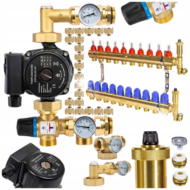 Set complet incalzire in pardoseala DAMIX, 10 circuite, reglaj temperatura, pompa 25-60, alama, 210mm