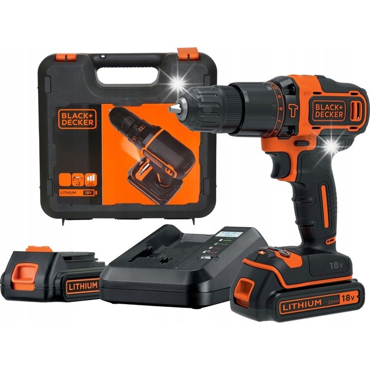 Masina de gaurit cu impact Black Decker BDCHD18, 18V, 2 acumulatori 2.0Ah, negru, cu valiza