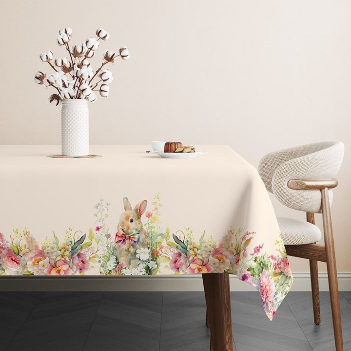 Rózsaszín virágmintás asztalterítő, 100% pamut, 140x220 cm, Lenjerii Deosebite, Vinca