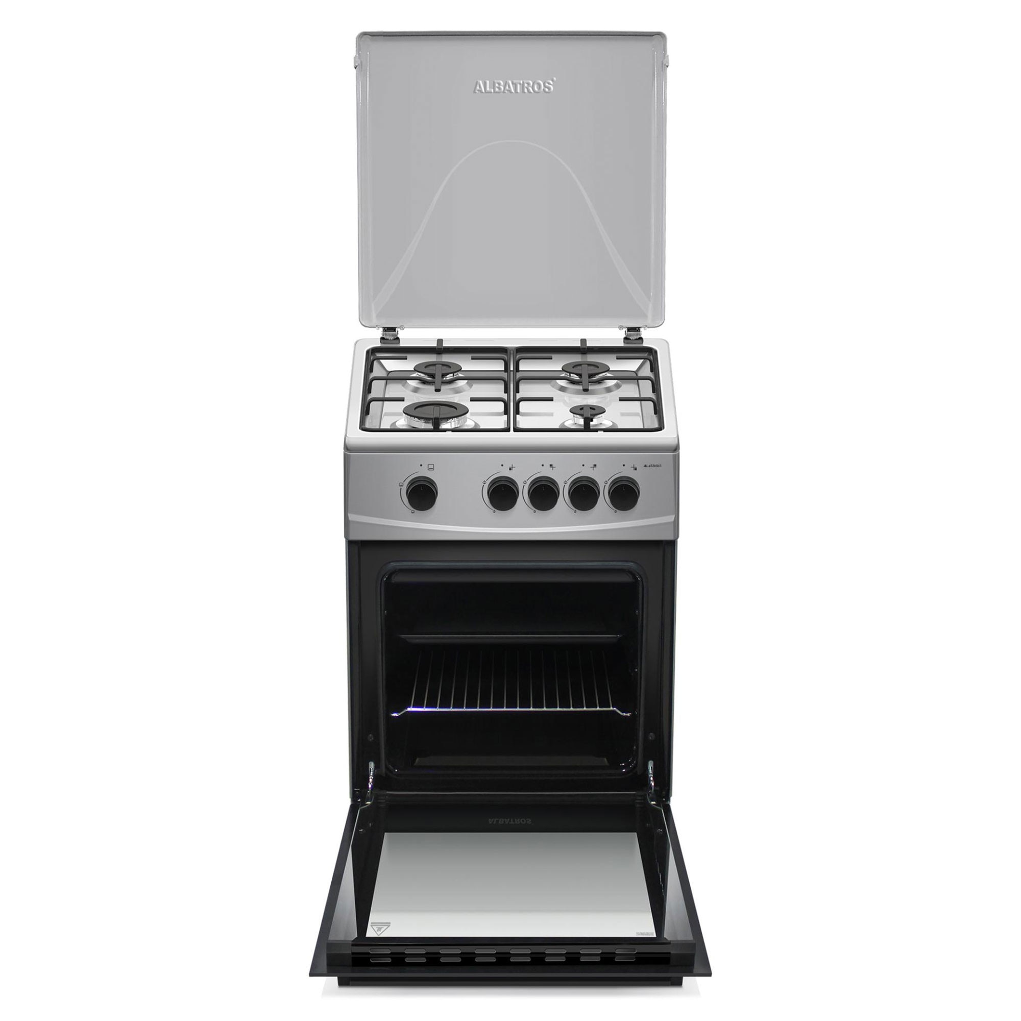 Aragaz Albatros AL452NXS, 50 x 50 cm, 4 arzatoare pe gaz, Cuptor pe gaz, 52 L, inox (laterale argintii)