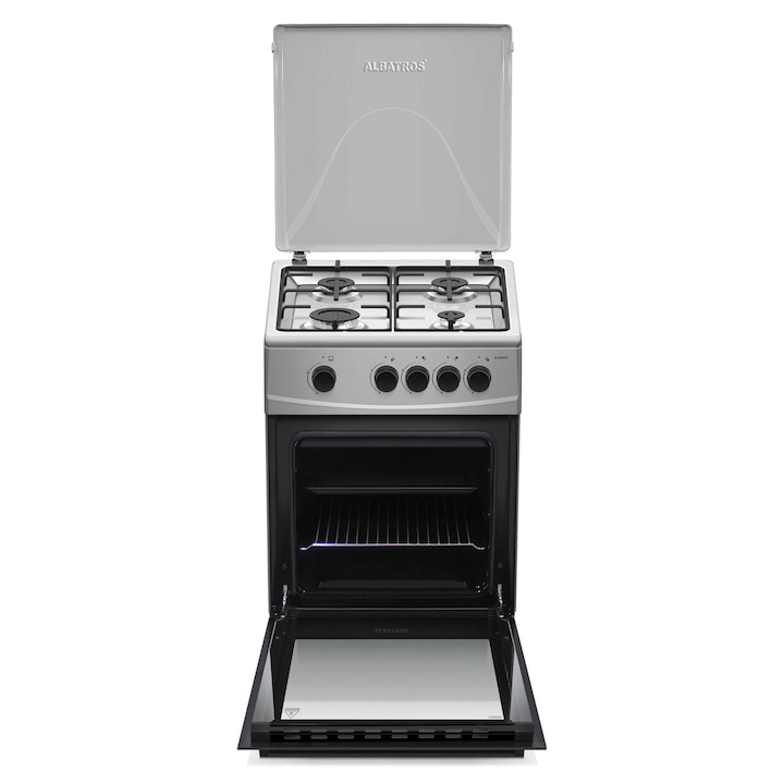 Aragaz Albatros AL452NXS, 50 x 50 cm, 4 arzatoare pe gaz, Cuptor pe gaz, 52 L, inox (laterale argintii)