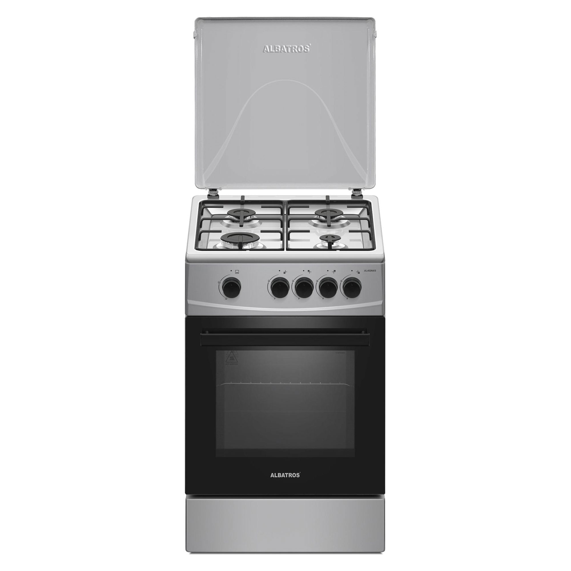 Aragaz Albatros AL452NXS, 50 x 50 cm, 4 arzatoare pe gaz, Cuptor pe gaz, 52 L, inox (laterale argintii)
