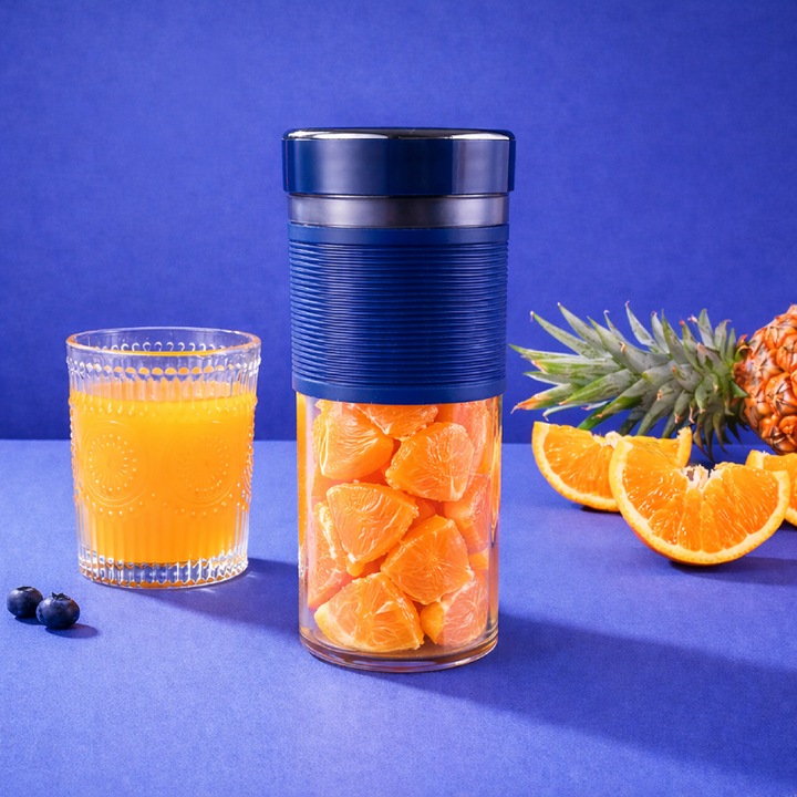 Blender portabil reincarcabil, Design compact, Usor de transportat, Utilizare rapida oriunde, 450 ml, Albastru inchis