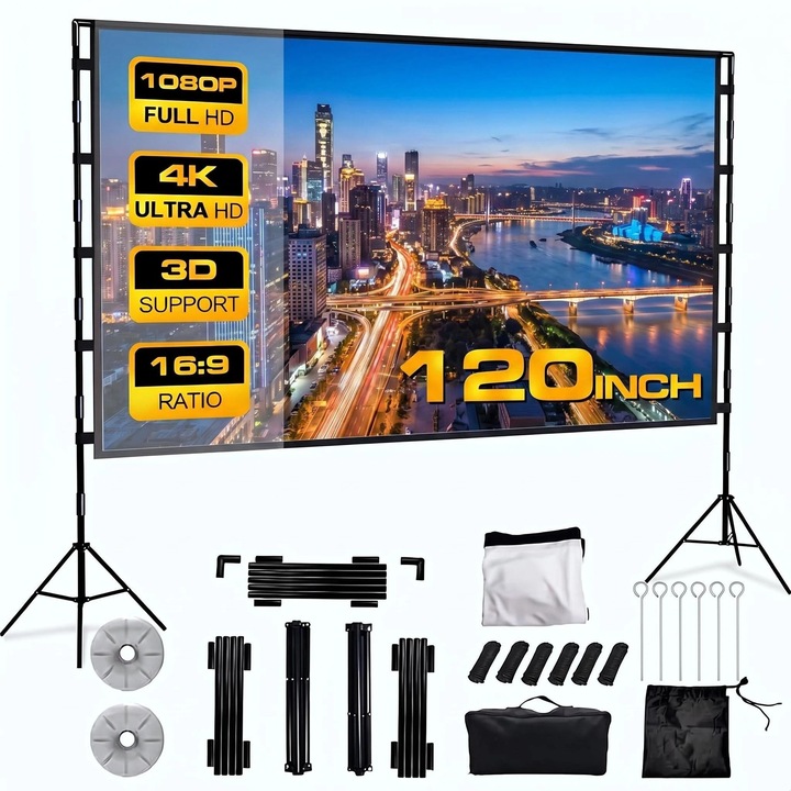 Ecran proiector portabil, NEKIT, Film in aer liber, Cu suport din aluminiu, HD, 4K, Pliabil, 120 inch, 16:9, 1080P/3D, Negru