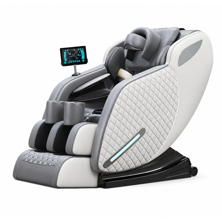 Fotoliu Masaj, TOPSCAUNE®, IGNIUS, AI Voice, Zero Gravity SL-Track, Airbag Full Body 360°, Incalzire Lombara, Bluetooth Audio, Tableta LCD Touchscreen, 10 Programe Automate, Reflexoterapie Talpi, Suport Picioare Extensibil, Piele PU Premium, Gri