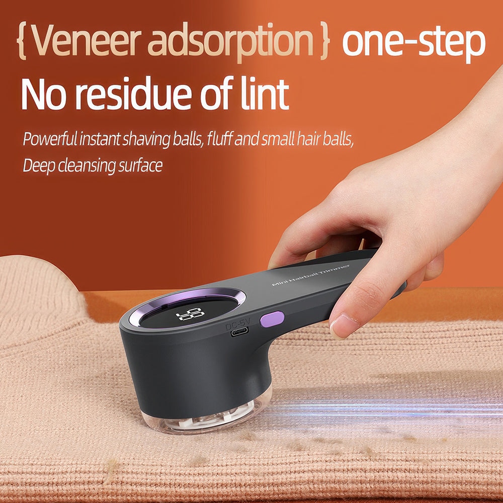 Indepartator de scame portabil – Reincarcabil prin USB-C, 6 lame, Otel inoxidabil, Afisaj LED, Protectie inteligenta de siguranta, Potrivit pentru pulovere, textile, paturi – Negru