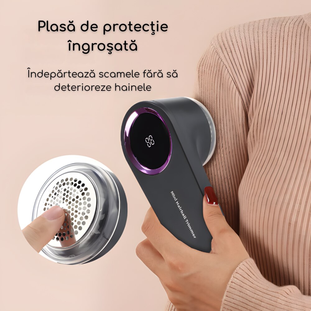 Indepartator de scame portabil – Reincarcabil prin USB-C, 6 lame, Otel inoxidabil, Afisaj LED, Protectie inteligenta de siguranta, Potrivit pentru pulovere, textile, paturi – Negru