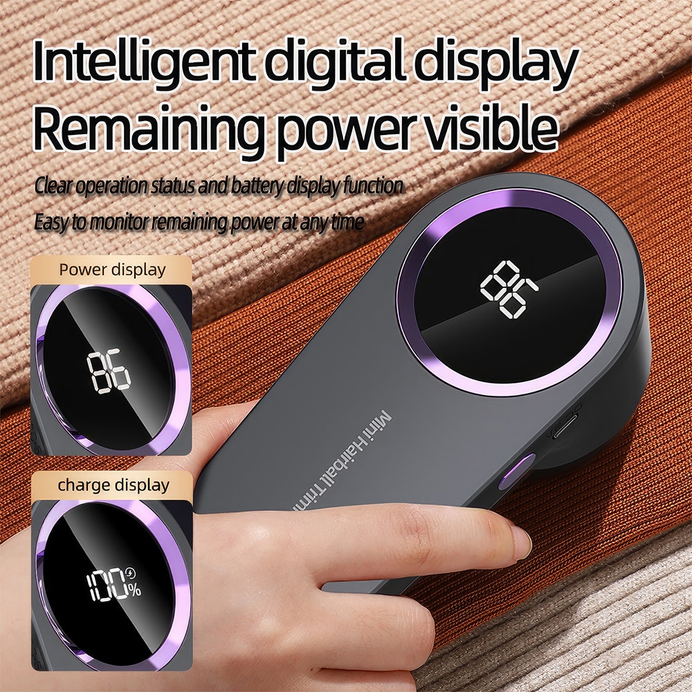 Indepartator de scame portabil – Reincarcabil prin USB-C, 6 lame, Otel inoxidabil, Afisaj LED, Protectie inteligenta de siguranta, Potrivit pentru pulovere, textile, paturi – Negru