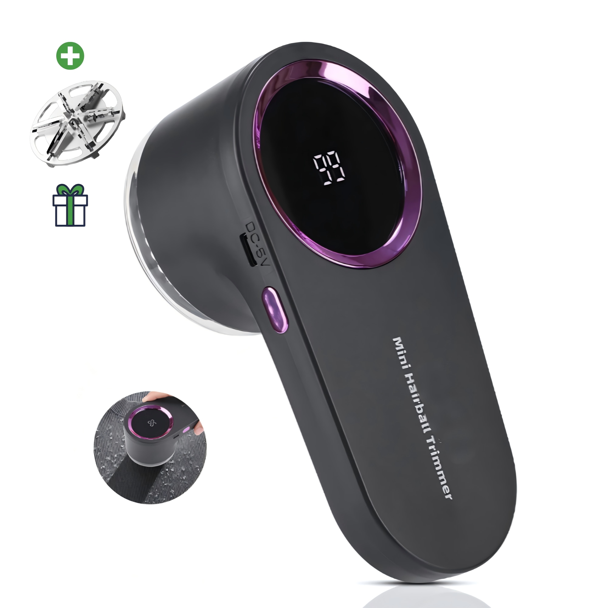 Indepartator de scame portabil – Reincarcabil prin USB-C, 6 lame, Otel inoxidabil, Afisaj LED, Protectie inteligenta de siguranta, Potrivit pentru pulovere, textile, paturi – Negru