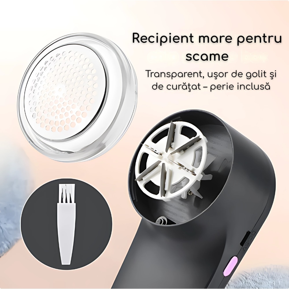 Indepartator de scame portabil – Reincarcabil prin USB-C, 6 lame, Otel inoxidabil, Afisaj LED, Protectie inteligenta de siguranta, Potrivit pentru pulovere, textile, paturi – Negru