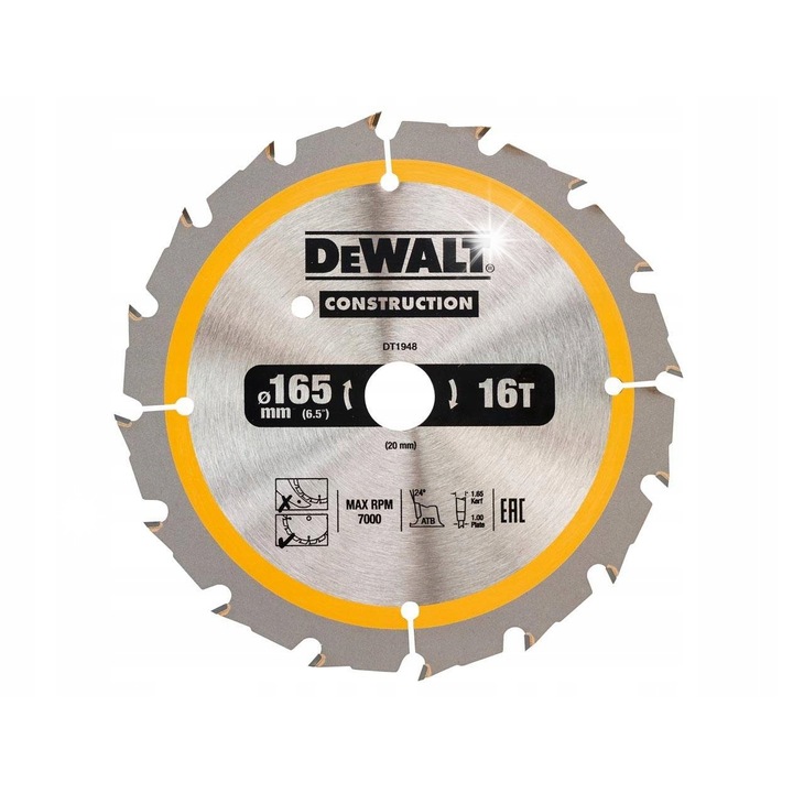 Panza circulara DeWalt DT1948, 165x20mm, 16 dinti, taiere rapida, lemn