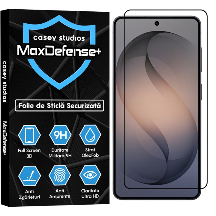 Folie Sticla CASEY STUDIOS™ Samsung Galaxy S26-hoz, Teljes Borítás 3D, Teljes Ragasztás, Katonai Keménység, Professzionális 3D Képernyővédelem, Karcálló, Fekete Szélek