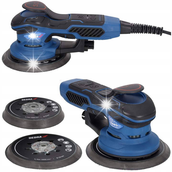 Dedra DED7983 excentercsiszoló, 350W, 125mm és 150mm, állítható, porelszívó rendszer, 1.4kg, fekete/kék