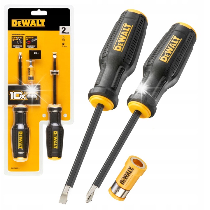 Комплект от 2 отвертки DeWalt Full Fit, магнитни, 100 мм, жълто-черни