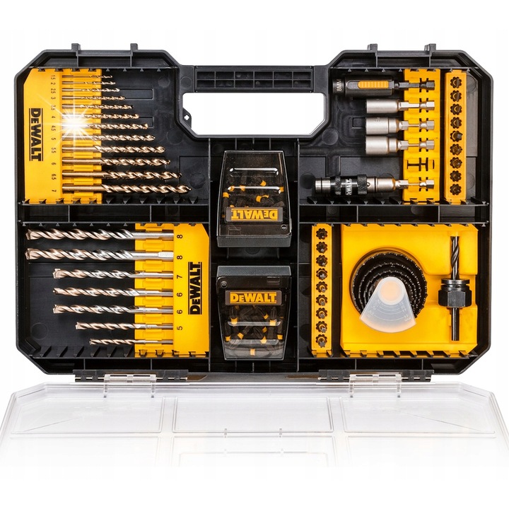 Set burghie si biti DeWalt DT70620T, 100 piese, galben, valiza TSTAK, diverse dimensiuni