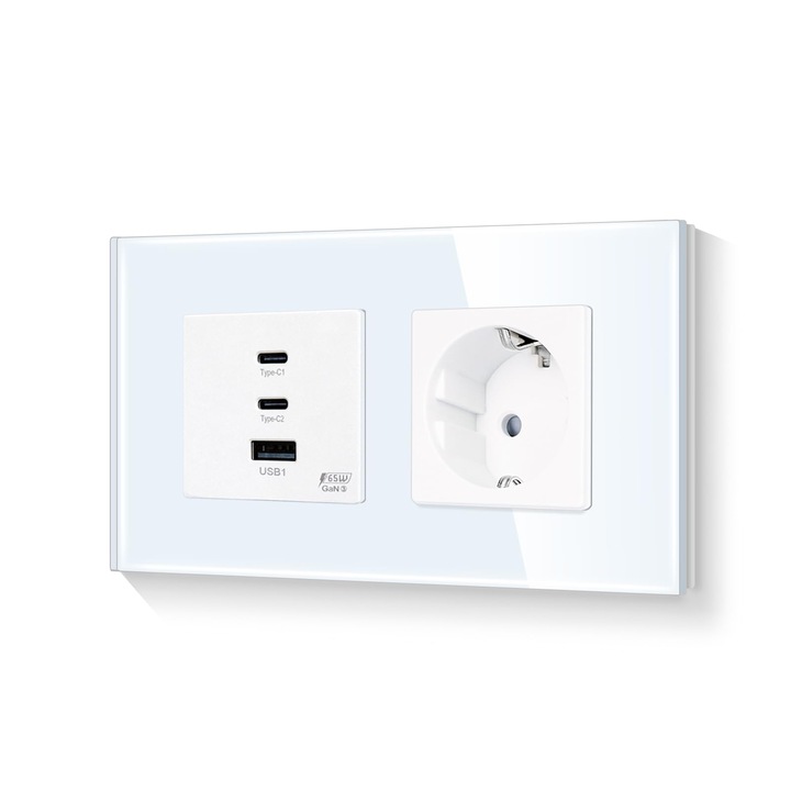 Priza Duala cu Incarcare Rapida 65W GaN, 2x USB-C + USB-A, Schuko 16A, Rama Sticla, Alb, Fast Charge Laptop si Telefon