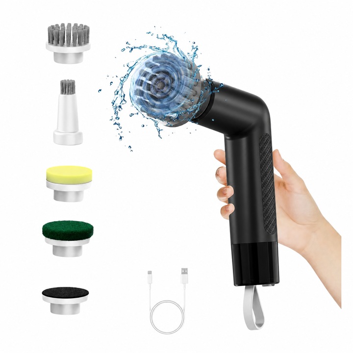 Perie electrica rotativa mini pentru curatare eficienta ARPRODS, fara fir, 5 capete interschimbabile, 2 trepte de viteza, autonomie pana la 180min, display digital baterie, incarcare USB-C, negru, rezistent la apa IPX6 pentru baie, bucatarie, incaltaminte