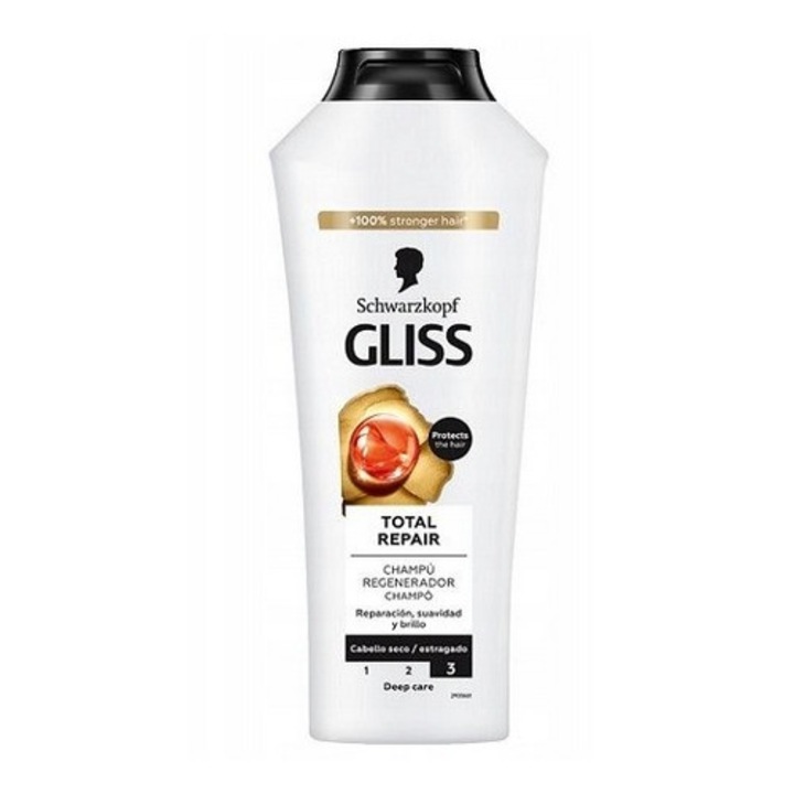 Sampon, Schwarzkopf Professional, Gliss Total Repair, 400ml, Regenerare si hidratare, Hraneste si regenereaza parul, Parul este mai flexibil si stralucitor, Keratina lichida umple crapaturile, Parul este mai neted si mai puternic, Sticla, Pentru toate