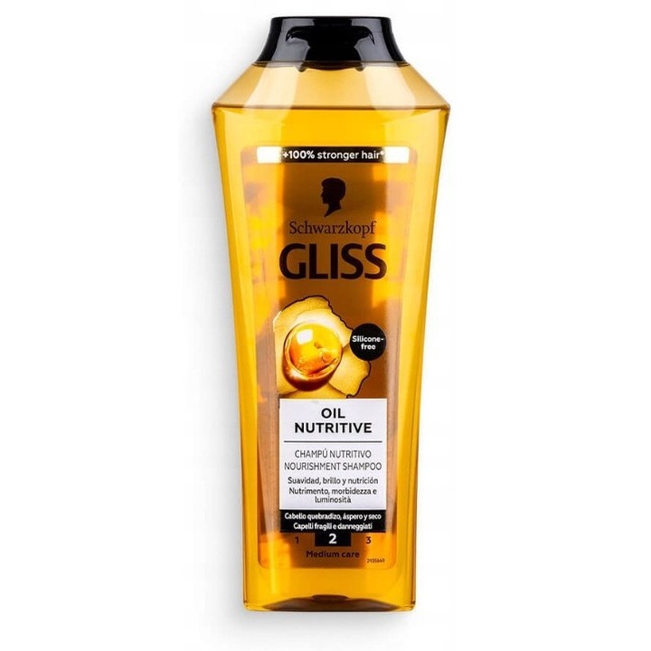 Sampon, Schwarzkopf, Gliss Oil Nutritive, 400ml, Regenerare si hidratare, Pentru toate culorile de par, Pentru par cu porozitate medie, Pentru par uscat si deteriorat, Sticla, Original, Produs de dimensiuni normale, Fara silicon, Nou, 12 ingrediente
