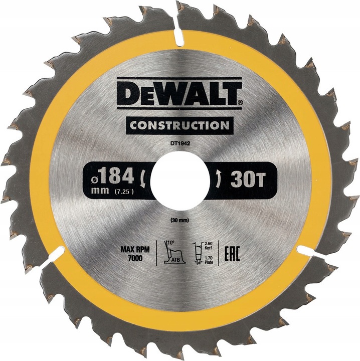 Диск за циркуляр DeWalt DT1942 184x30mm 30 зъба жълт