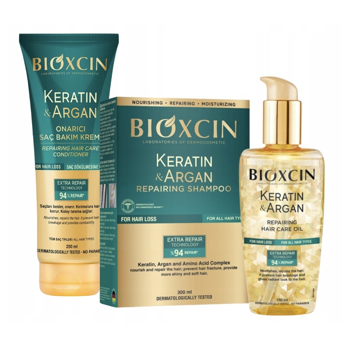 Bioxcin Keratin&Argan Shampoo 300ml+ Hair Care Oil 150ml+ Conditioner 250ml