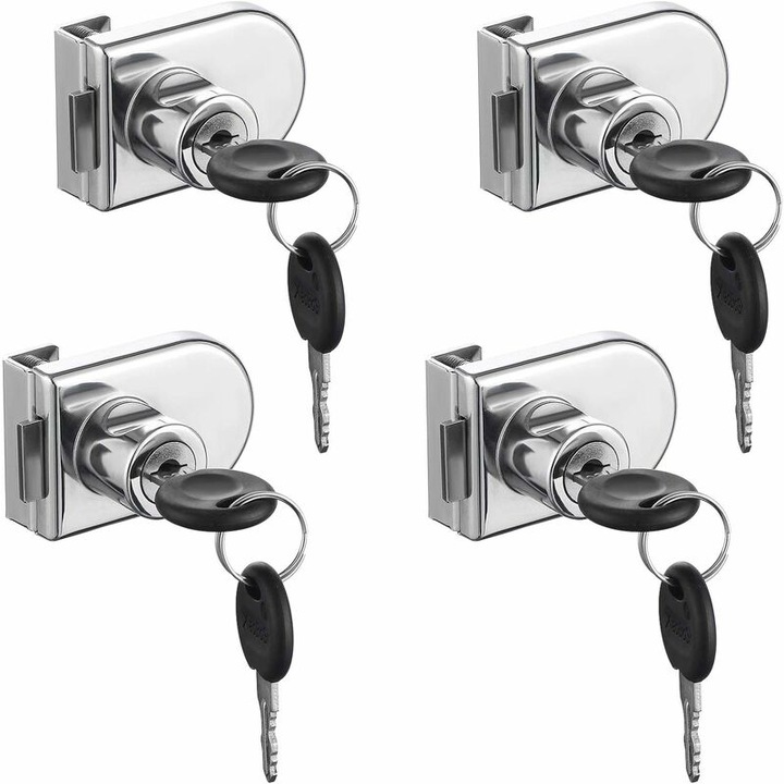 Incuietoare de usa din sticla cromata, rezistenta la rugina. Incuietoare de securitate de inalta precizie, usor de instalat fara gaurire, potrivita pentru usi de sticla de 5-8 mm (4 bucati cu 8 chei)