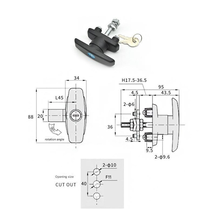 Incuietoare de mobila din doua parti, incuietoare pentru usa de dulap cu maner negru in forma de T, 2 chei incluse, potrivita pentru mobila, rulote, seifuri si usi de garaj