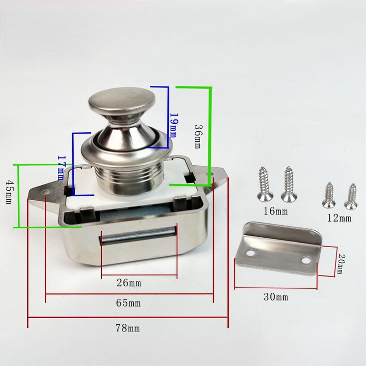 Incuietoare cu buton fara cheie, set de 5, pentru usi cu grosimea de 14 pana la 20 mm, ideala pentru autorulote, barci, iahturi, caravane si dulapuri
