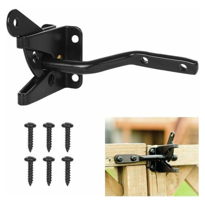 Incuietoare automata pentru poarta - Incuietoare metalica cu surub - Zavor gravitational din otel pentru gard de gradina - Negru - Suruburi de fixare incluse