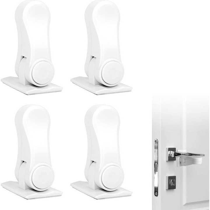 Kit de siguranta pentru copii format din 4 piese, blocare de siguranta, opritor de usa, manere pivotante, blocare usa cu parghie pentru bebelusi si copii