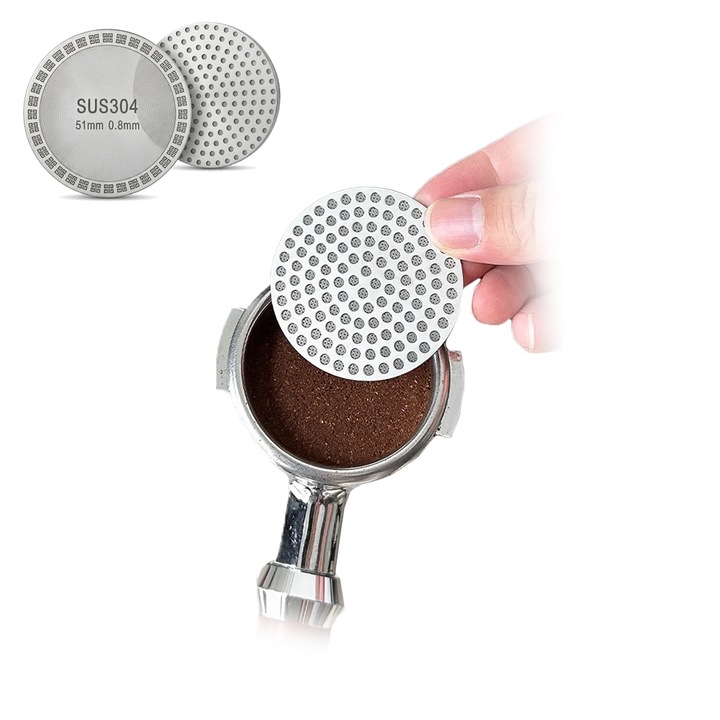 Ecran puck din Inox 304 NEXTLY, Filtru Puck pentru pentru espressor, strat dublu, 0.8mm grosime, filtrare fina pentru extractie uniforma a cafelei, 51mm, argintiu