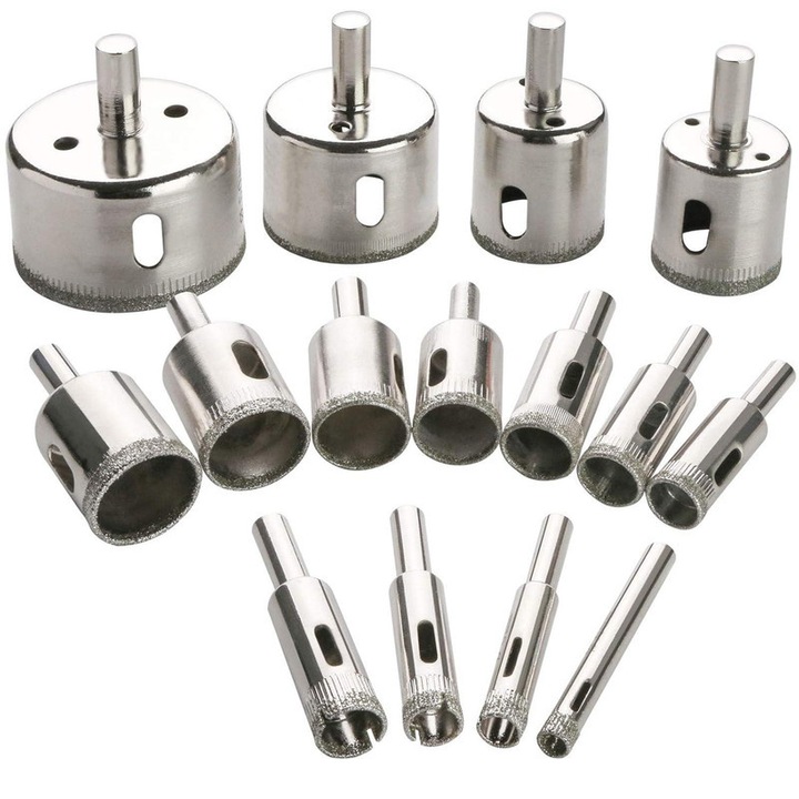 Set de 15 carote diamantate pentru sticla, sticle, marmura, granit si placi ceramice (6 pana la 50 mm)