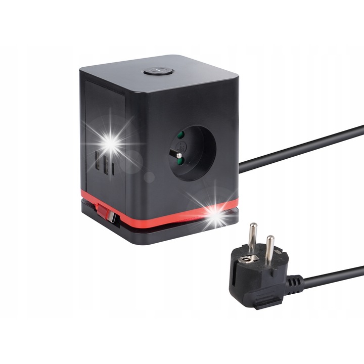 Prelungitor Eco Line cub 3 prize USB-A USB-C cablu 1.4m 3680W 16A