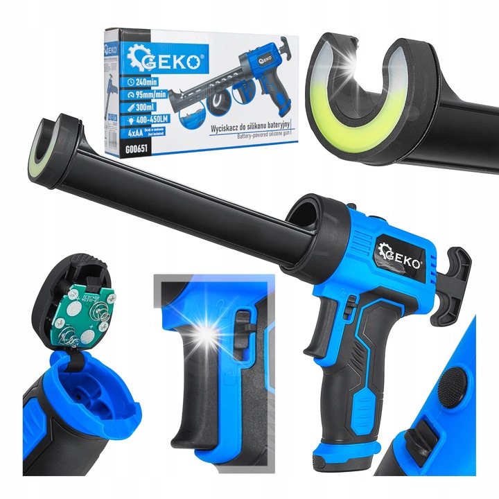 Pistol за лепене Geko автоматичен LED акумулатор 4xAA, за силикон, лепило, маси