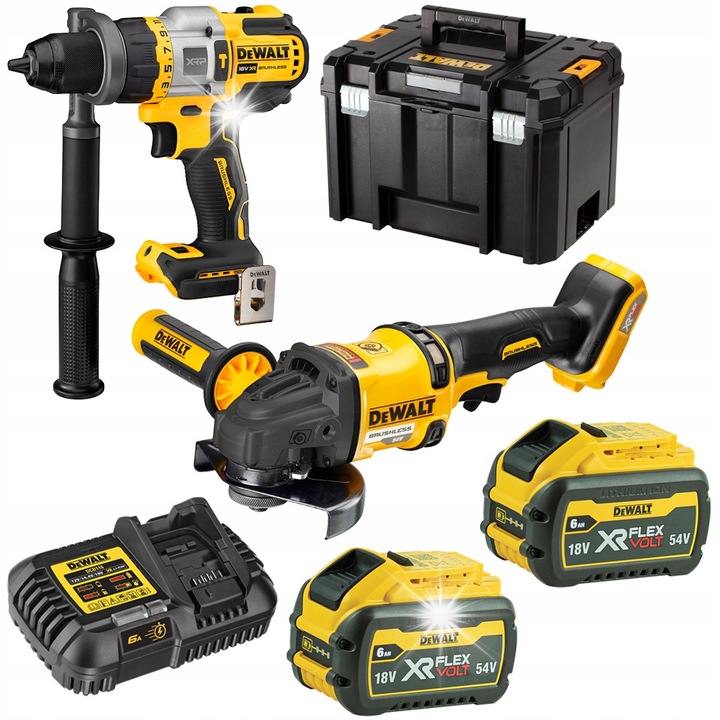 DeWalt DCD999 18V 126Nm és DCG418 54V 125mm szett, 2x6Ah, TSTAK koffer