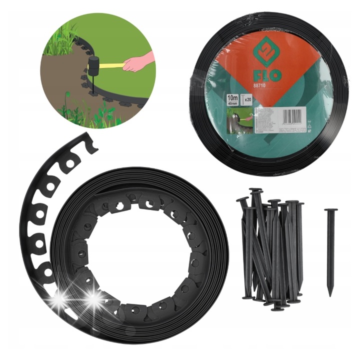 Gyepszegély Flo szett 10m 40mm fekete 20 db 18cm-es cövekkel