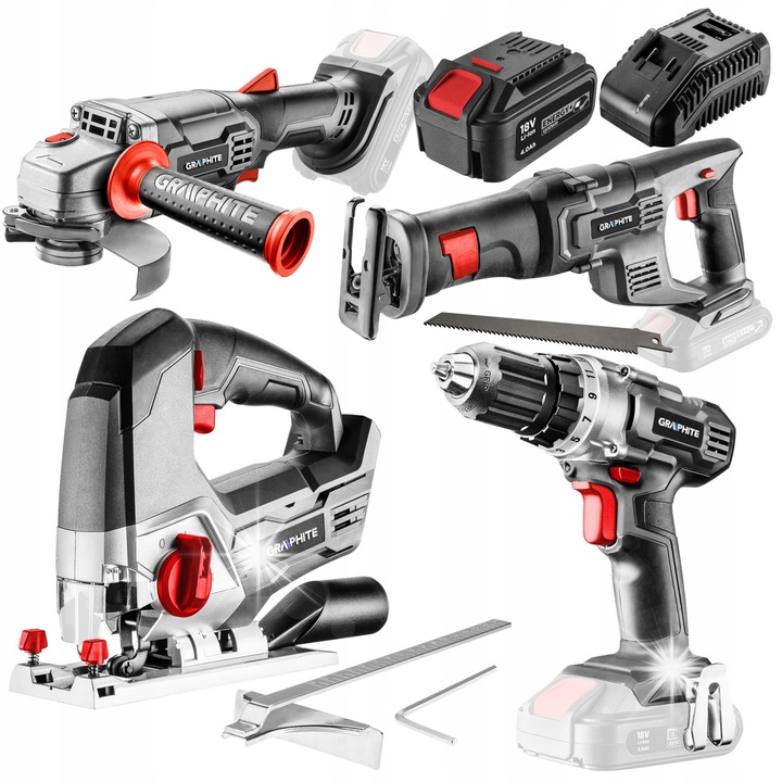 Set scule acumulator GRAPHITE 18V, 4Ah, burghiu, polizor unghiular, fierastrau pendular, fierastrau sabie