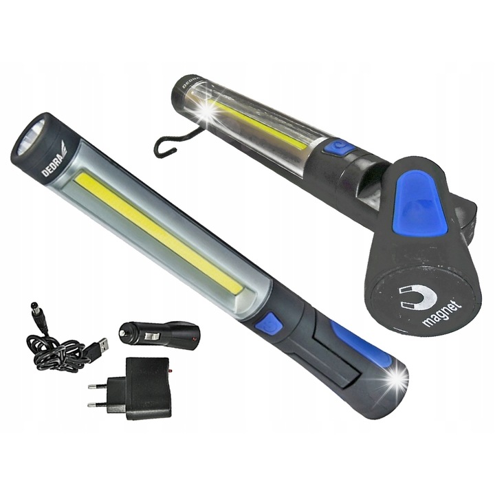 Фенер Dedra L1023, LED COB 3W+3W, батерия 800mAh, студено бяла светлина, със зарядно USB и 230V, 3ч автономност