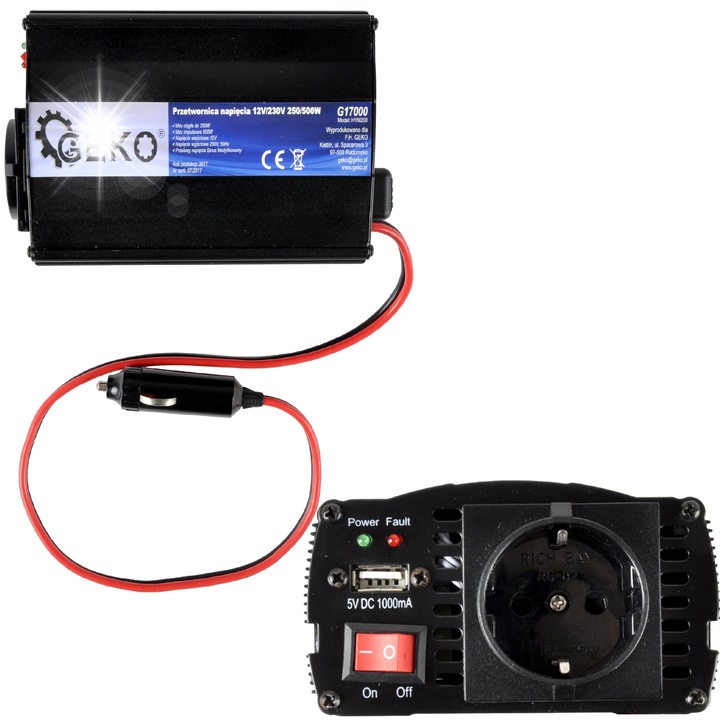 Invertor auto Geko 250/500W 12V-230V protectii multiple 0.65kg