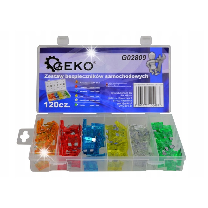 Geko autóbiztosíték készlet, 120 db, többszínű, 5-30A