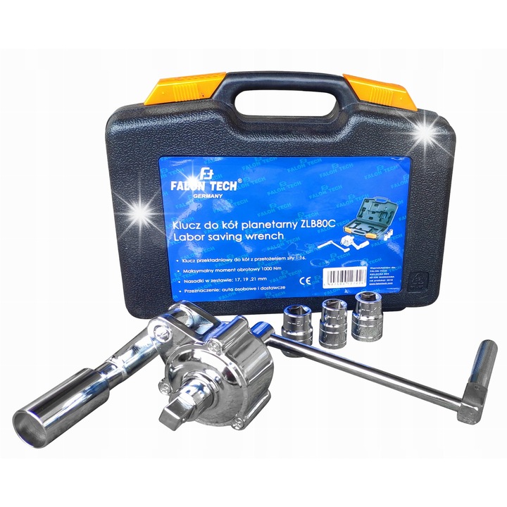 Falon-Tech FT8010 bolygóműves kerékkulcs 1000Nm, 17,19,21mm-es fejekkel, Cr-V, 1:16, készlet