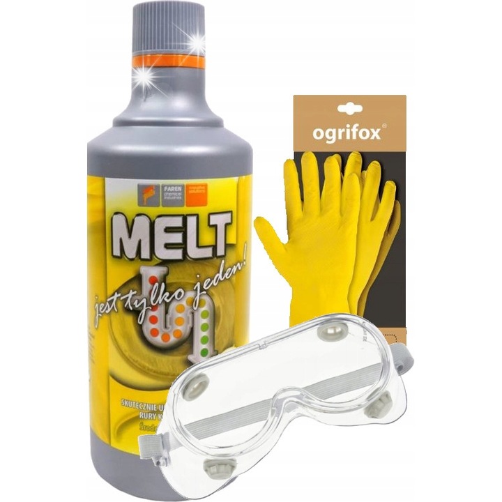 Faren Melt professzionális lefolyótisztító, erős, átlátszó, 750ml, kesztyűvel együtt